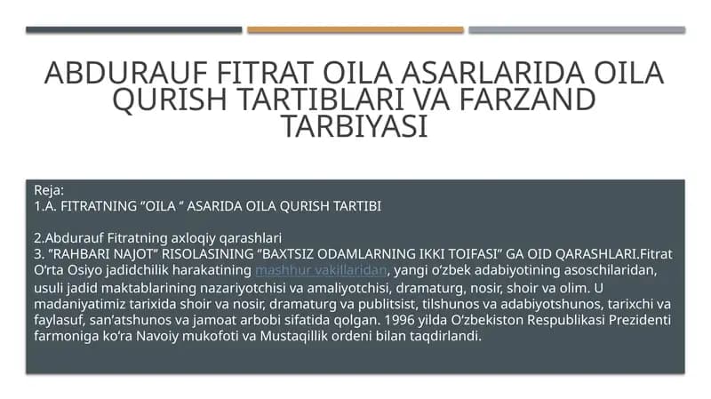 Abdurauf fitrat oila asarlarida oila qurish tartiblari va farzand tarbiyasi
