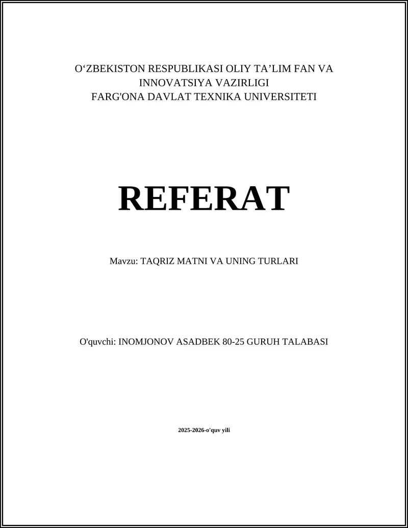 TAQRIZ MATNI VA UNING TURLARI