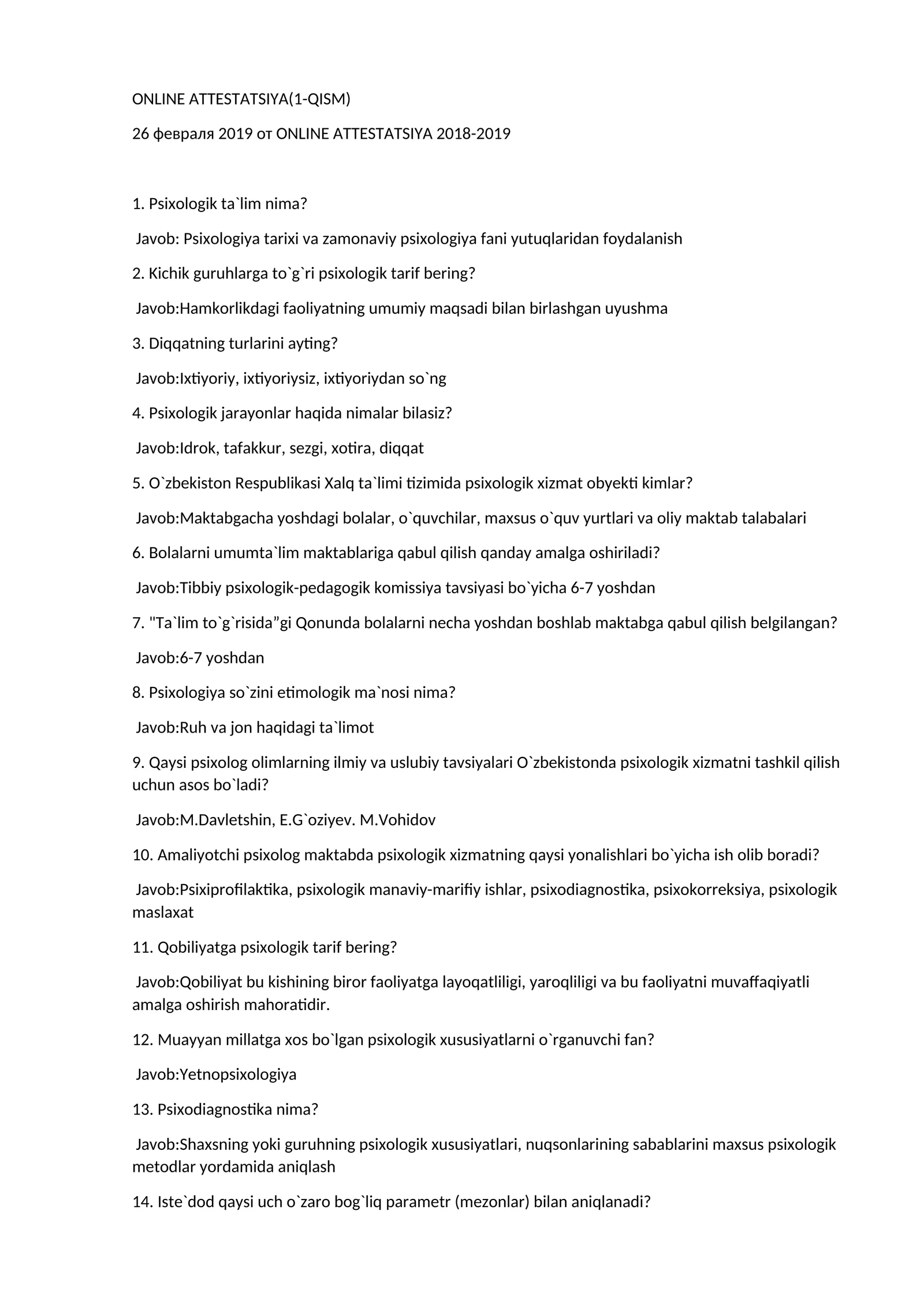 Psixologiya atestatsiya savollari 1 qism