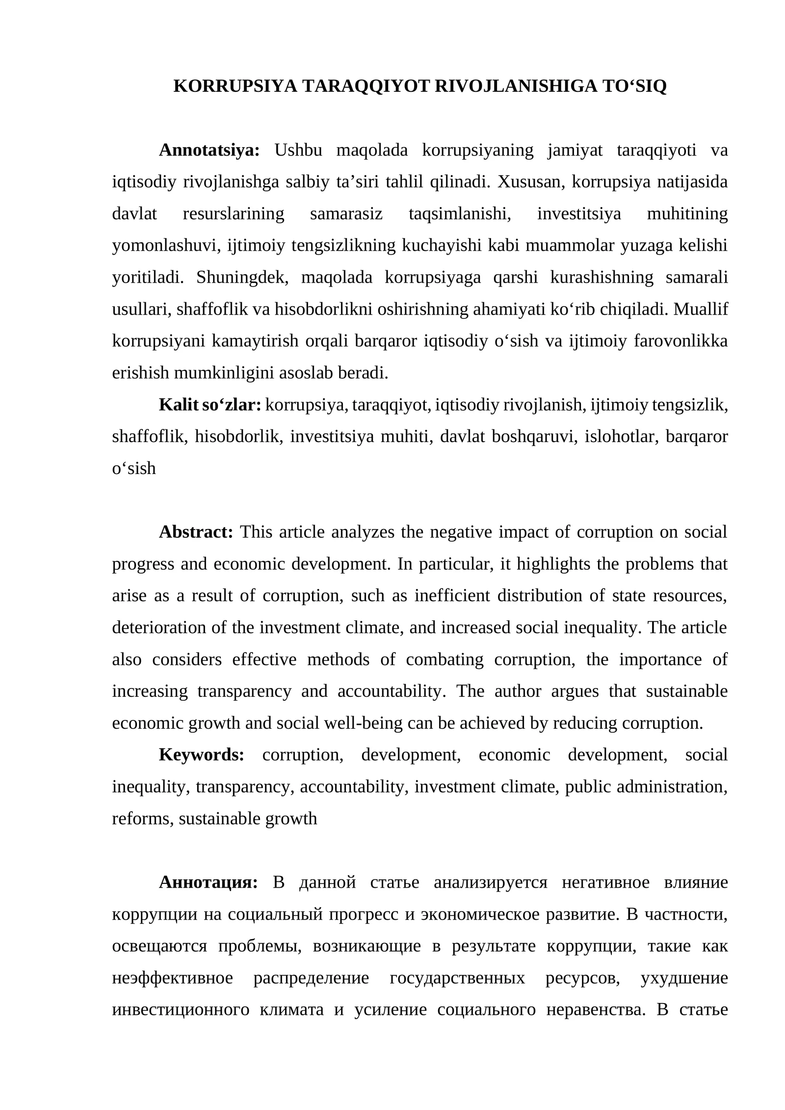 KORRUPSIYA TARAQQIYOT RIVOJLANISHIGA TO‘SIQ