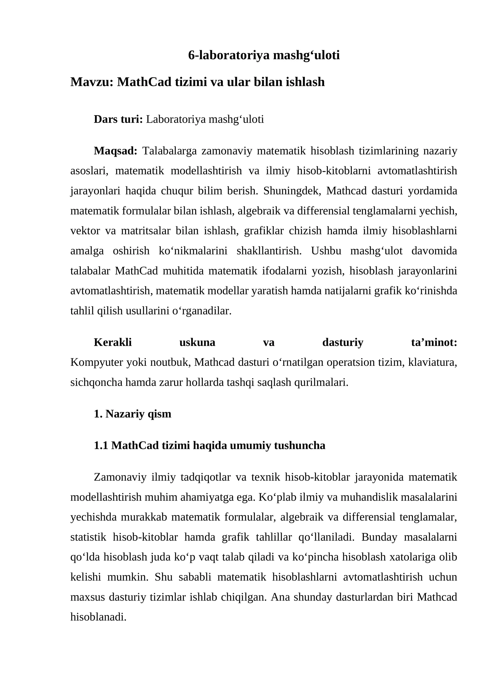 MathCad tizimi va ular bilan ishlash