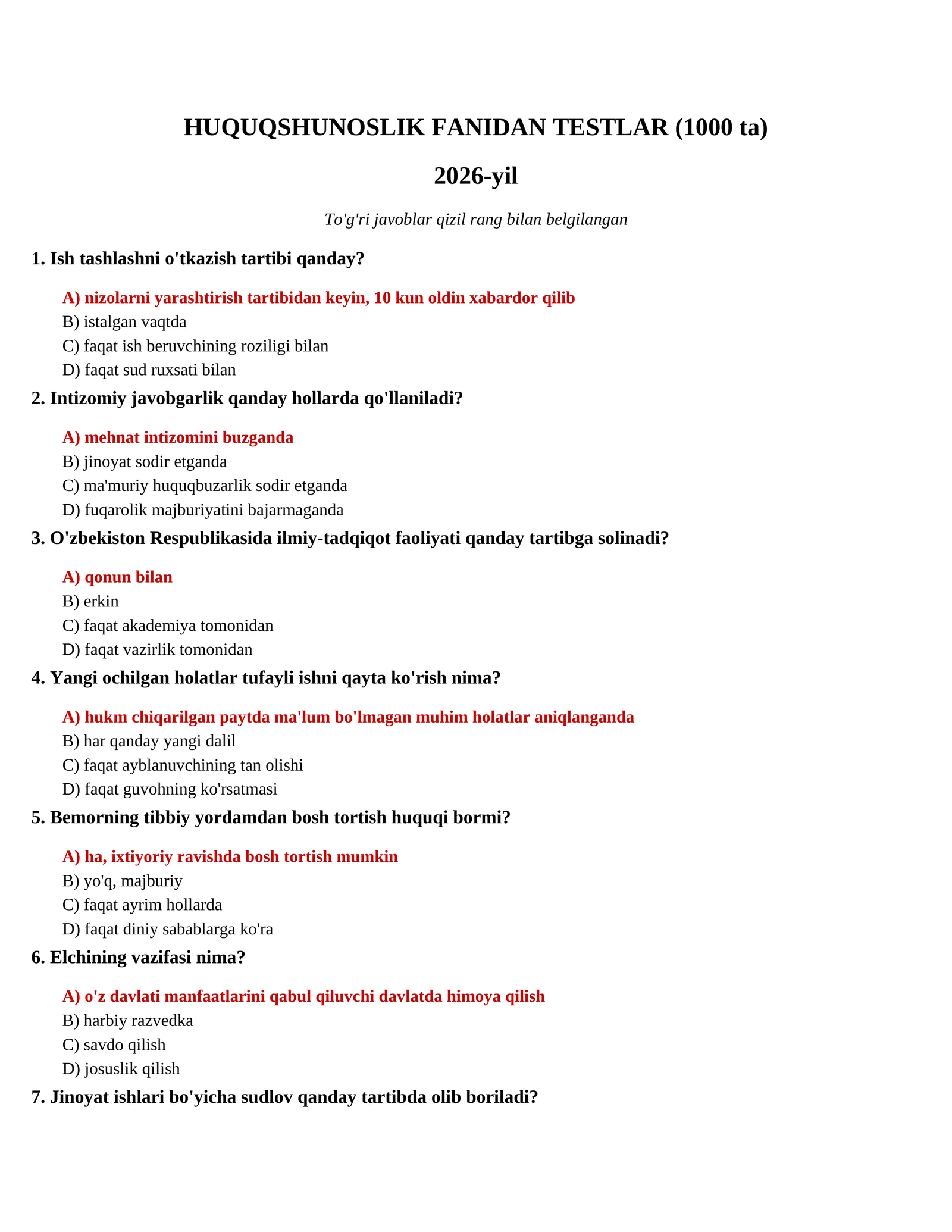 HUQUQSHUNOSLIK FANIDAN TESTLAR (1000 ta)