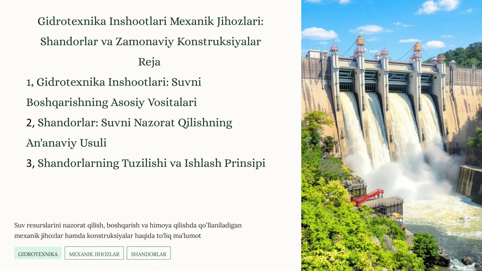 Gidrotexnika Inshootlari: Suvni Boshqarishning Asosiy Vositalari