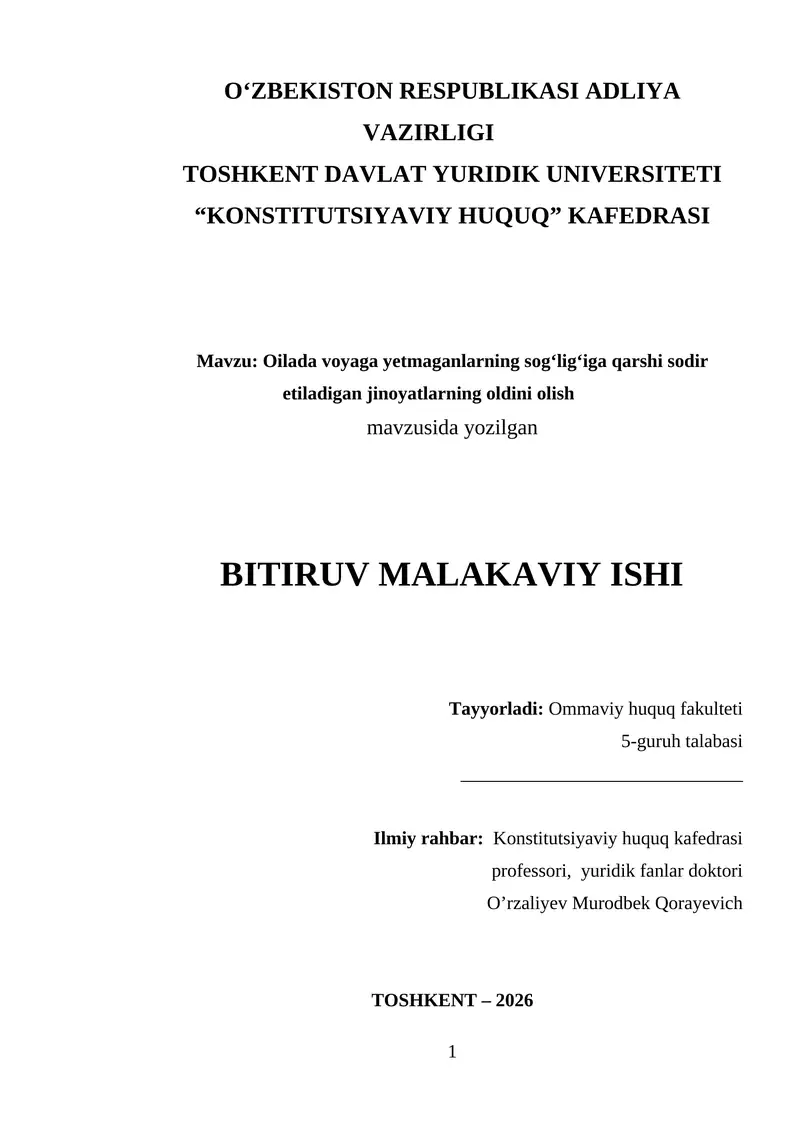 Oilada voyaga yetmaganlarning sog‘lig‘iga qarshi sodir etiladigan jinoyatlarning oldini olish