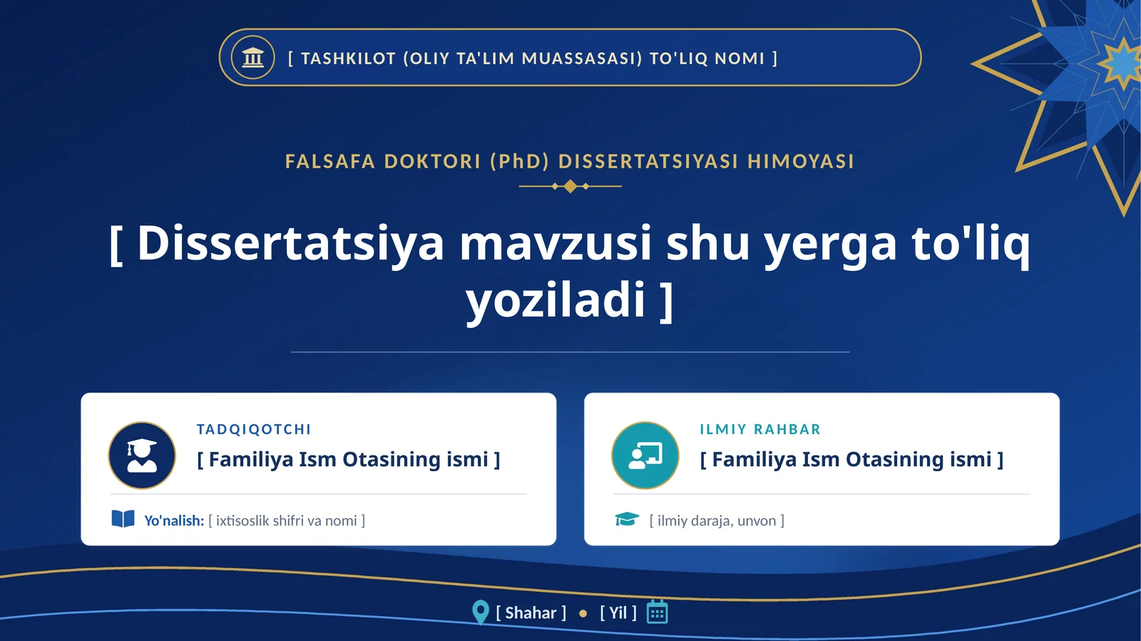 PhD Dissertatsiyasi seminari va himoyasi uchun premium universal taqdimot shabloni
