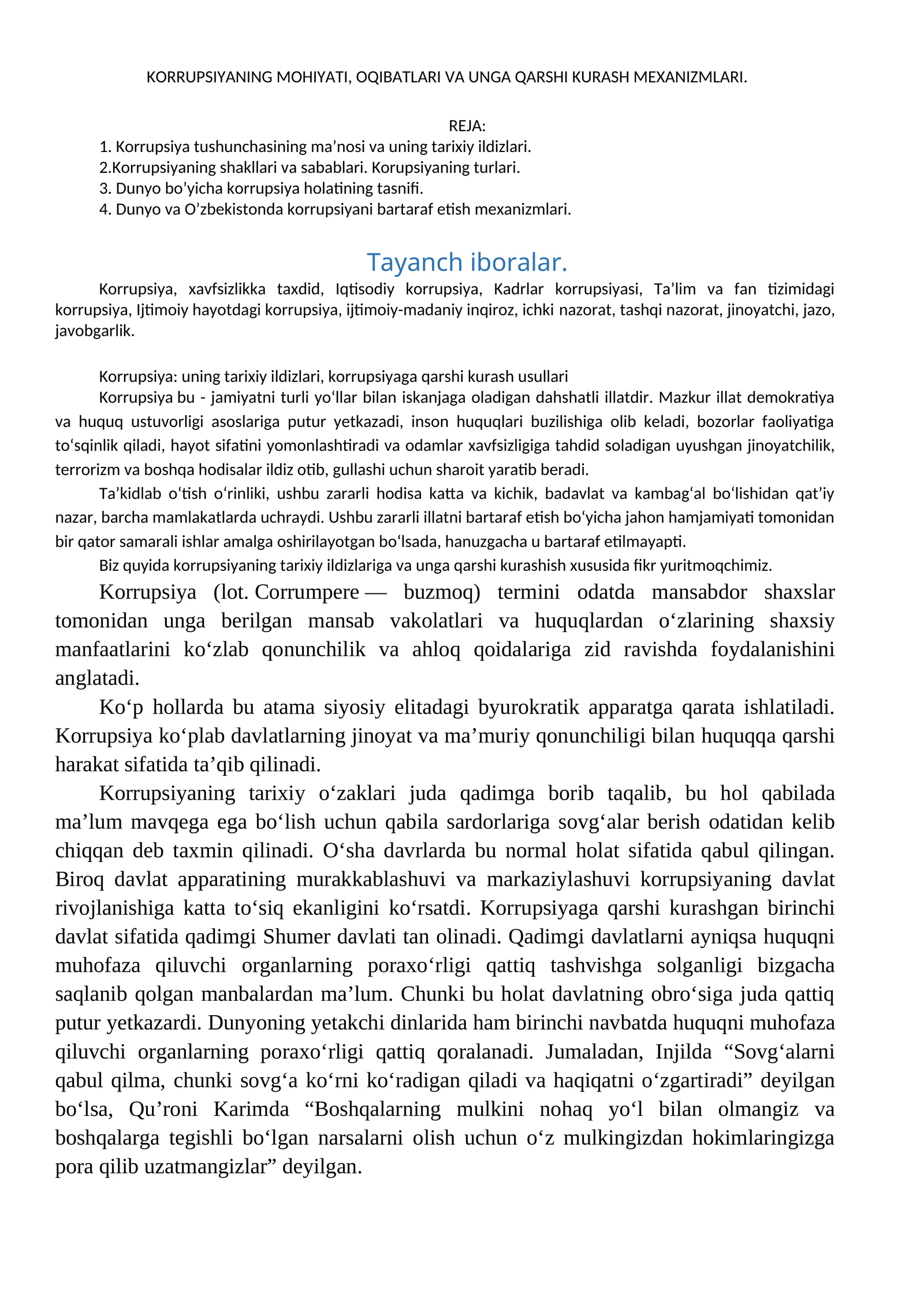 Korrupsiyaning mohiyati, oqibatlari va unga qarshi kurash mexanizmlari