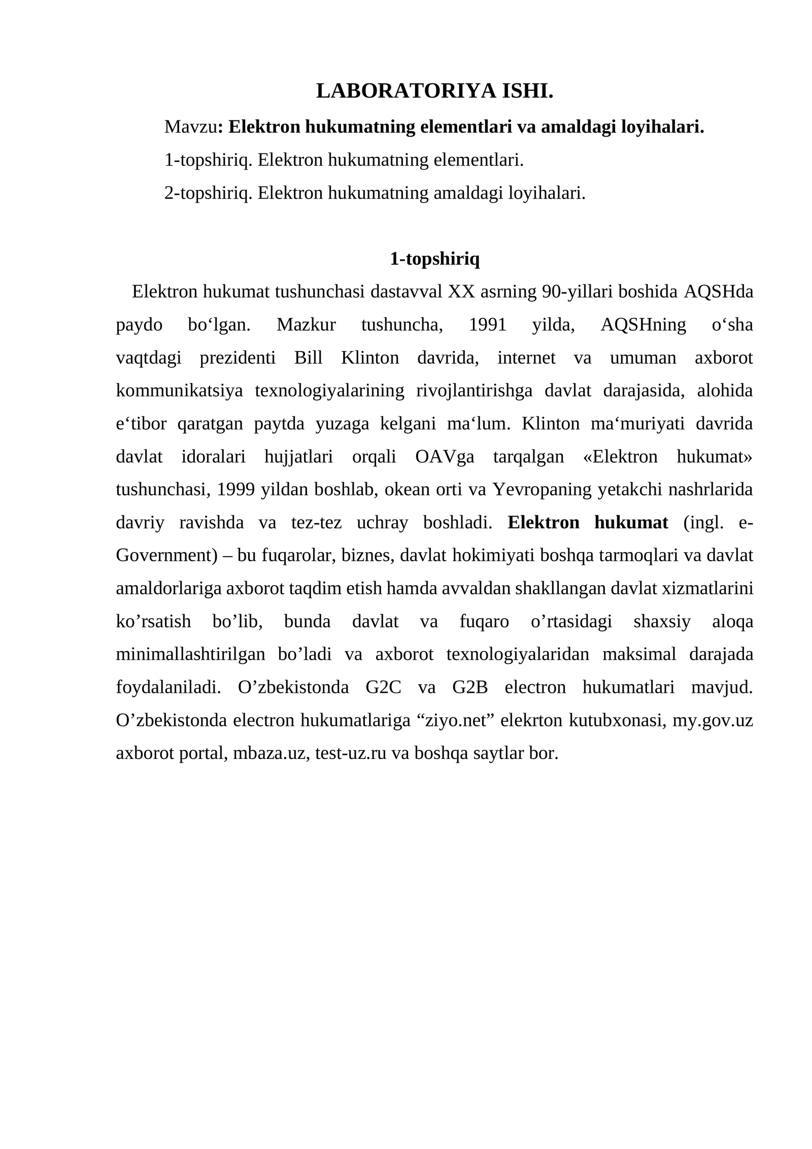 Elektron hukumatning elementlari va amaldagi loyihalari