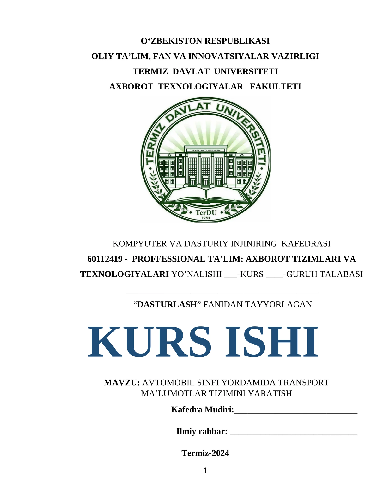 AVTOMOBIL SINFI YORDAMIDA TRANSPORT MA’LUMOTLAR TIZIMINI YARATISH