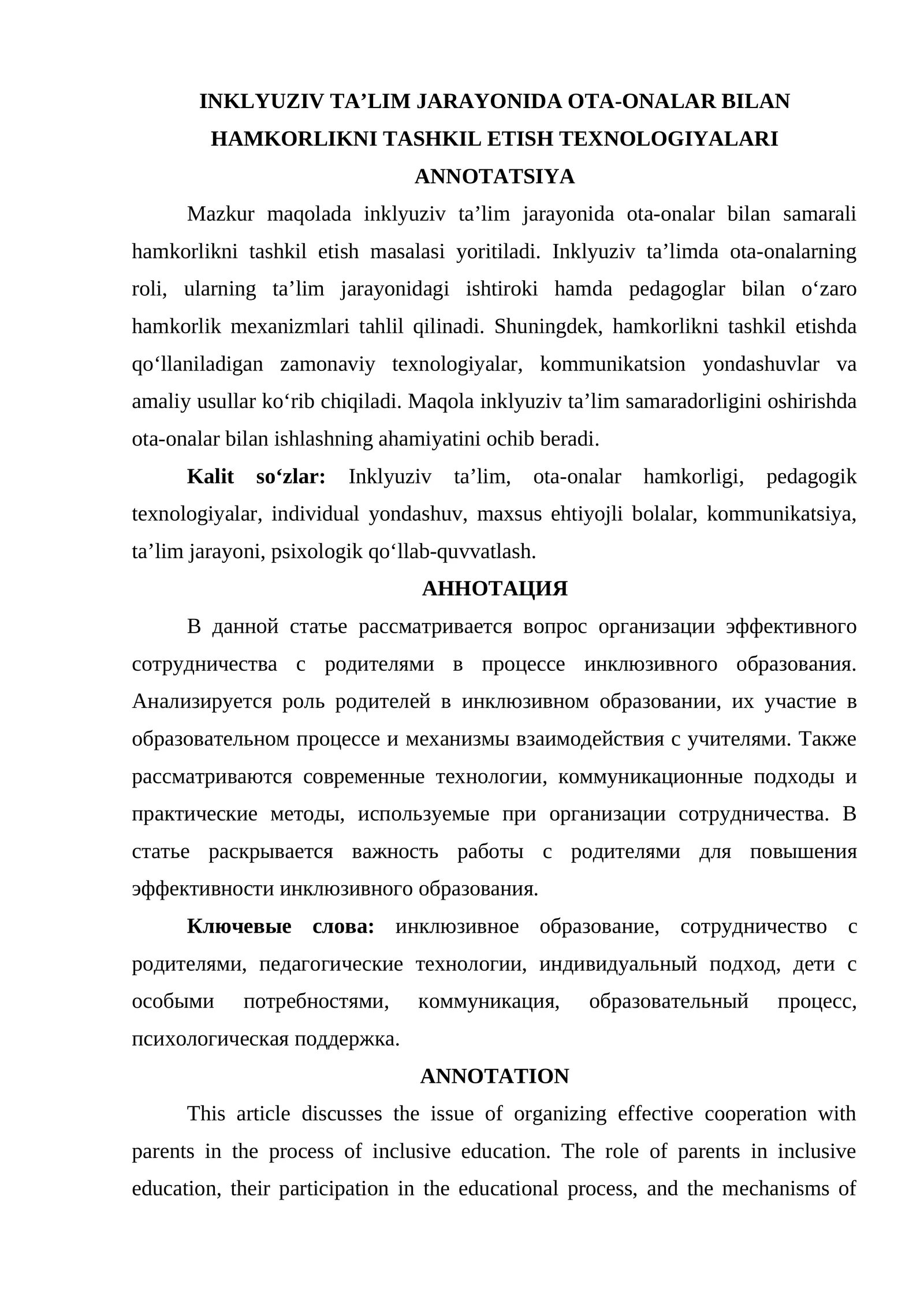 Inklyuziv taʼlim jarayonida ota-onalar bilan hamkorlikni tashkil etish texnologiyalari