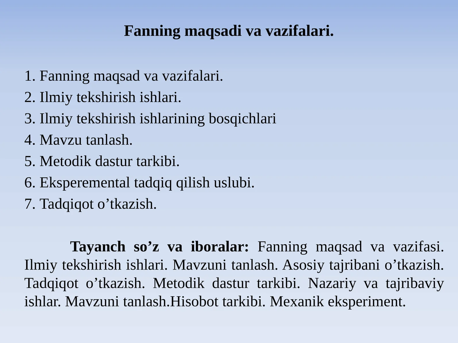 Fanning Maqsad va Vazifalari