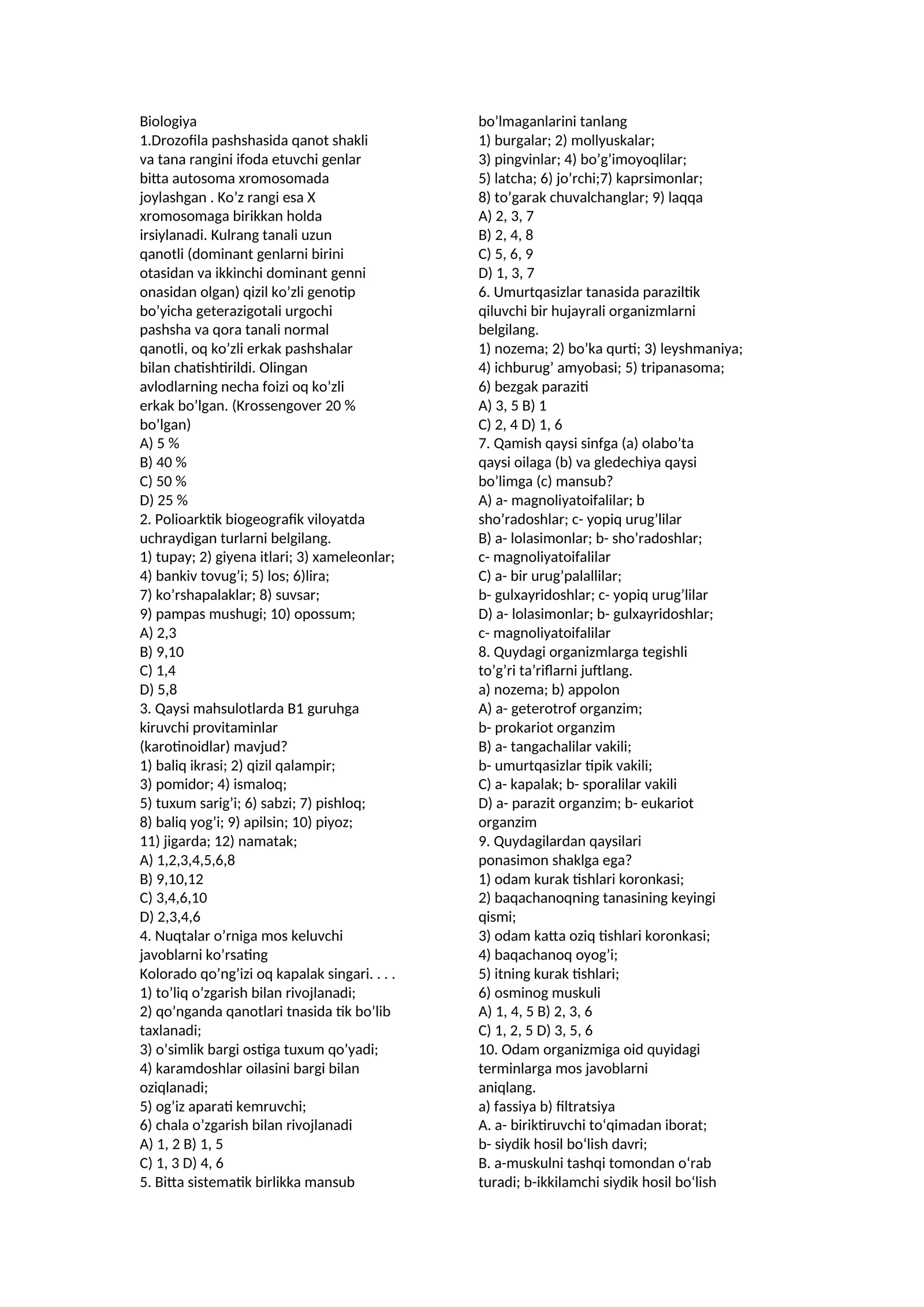 Biologiya fanidan umumiy test