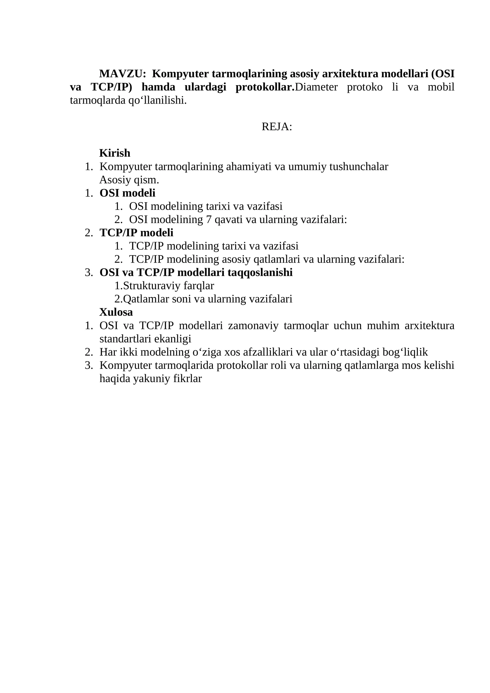 Kompyuter Tarmoqlarining Asosiy Arxitektura Modelleri: OSI va TCP/IP Hamda Protokollar
