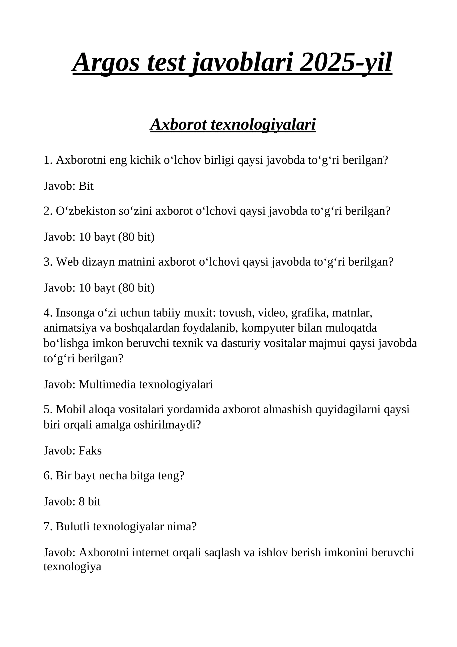 Argost test javoblari barcha soxa vakillari uchun