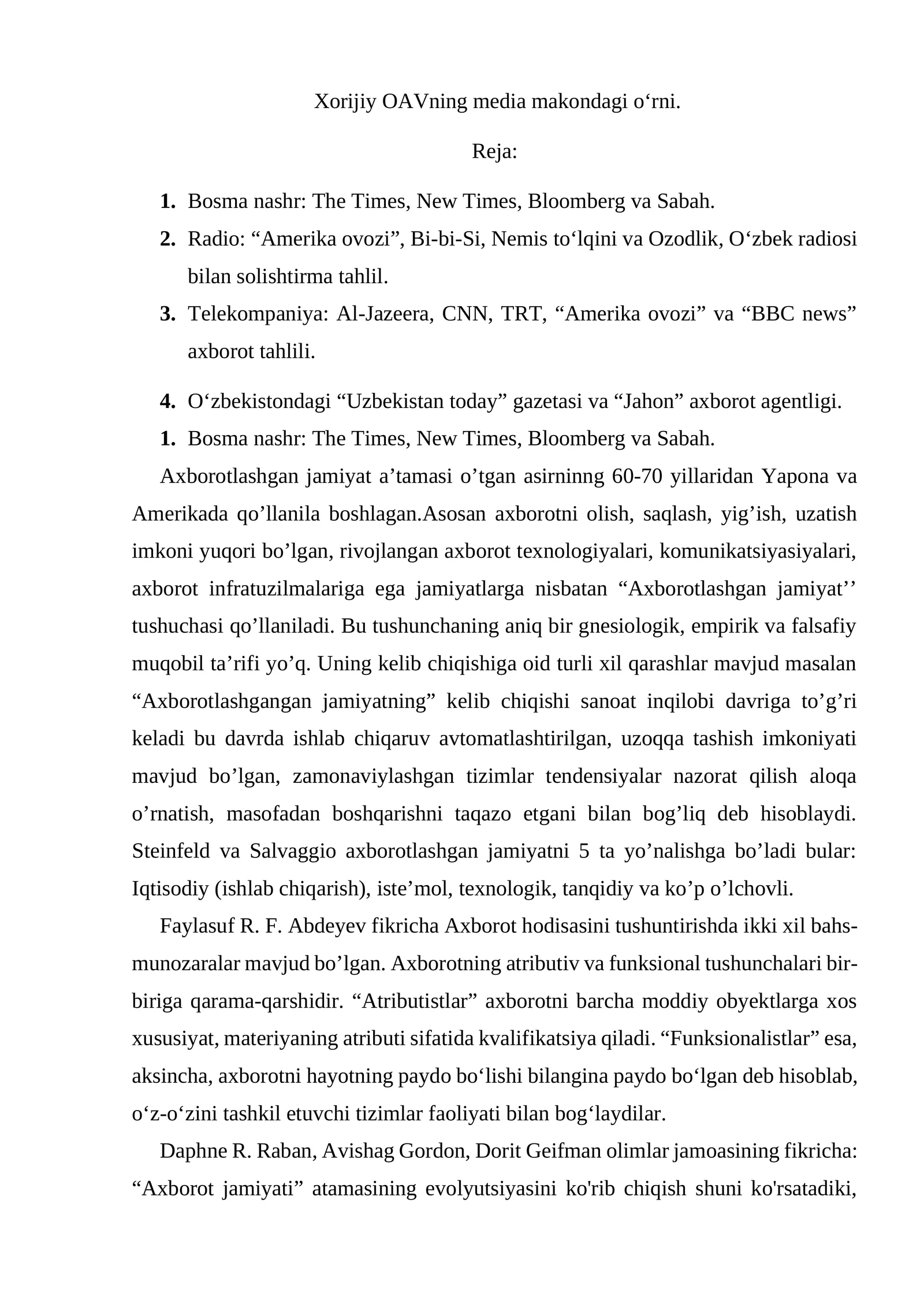 Xorijiy OAVning media makondagi o‘rni