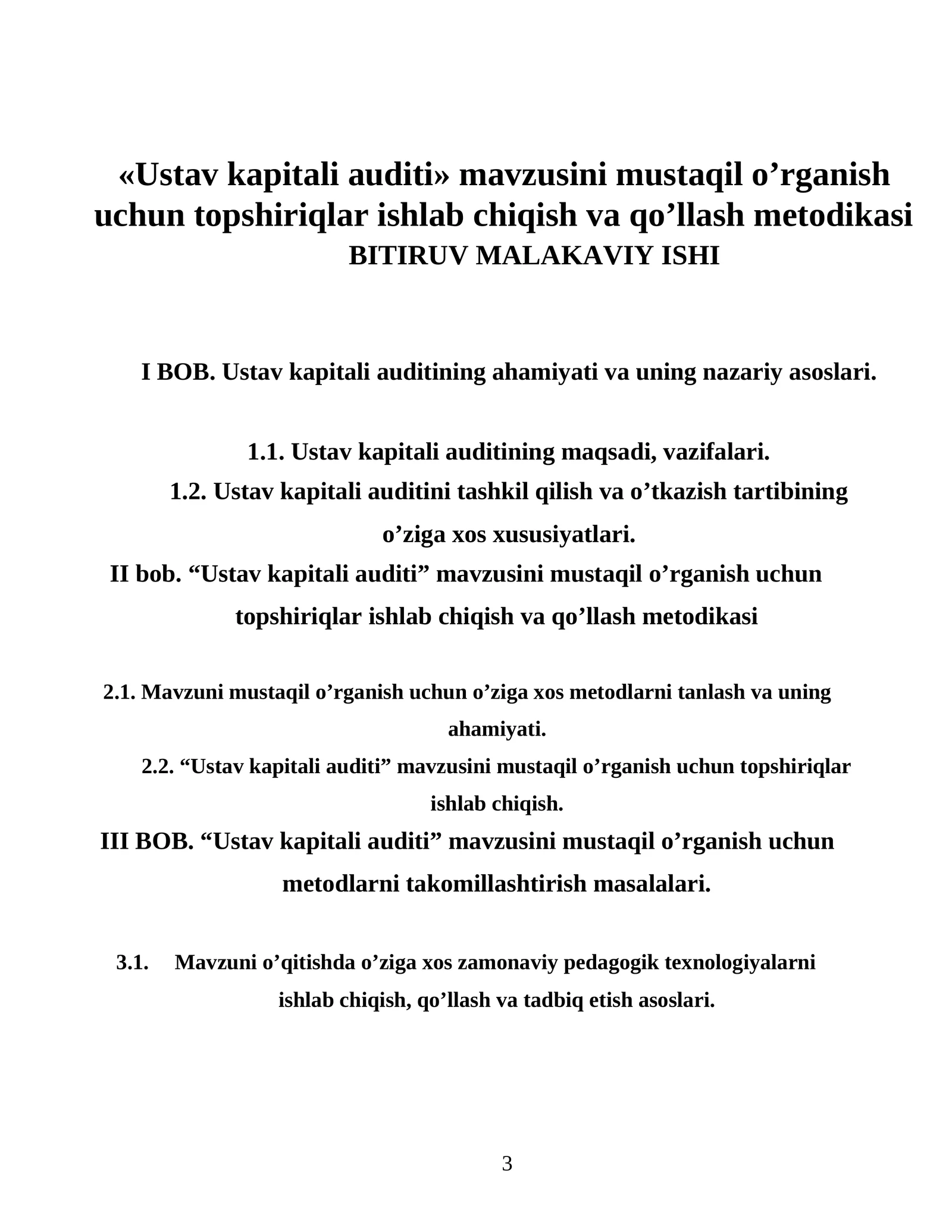 "Ustav kapitali auditi" mavzusini mustaqil o’rganish uchun topshiriqlar ishlab chiqish va qo’llash metodikasi