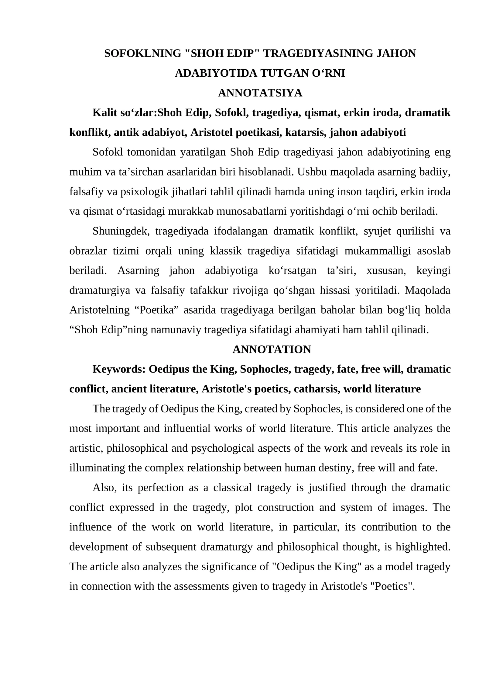 SOFOKLNING "SHOH EDIP" TRAGEDIYASINING JAHON ADABIYOTIDA TUTGAN O‘RNI