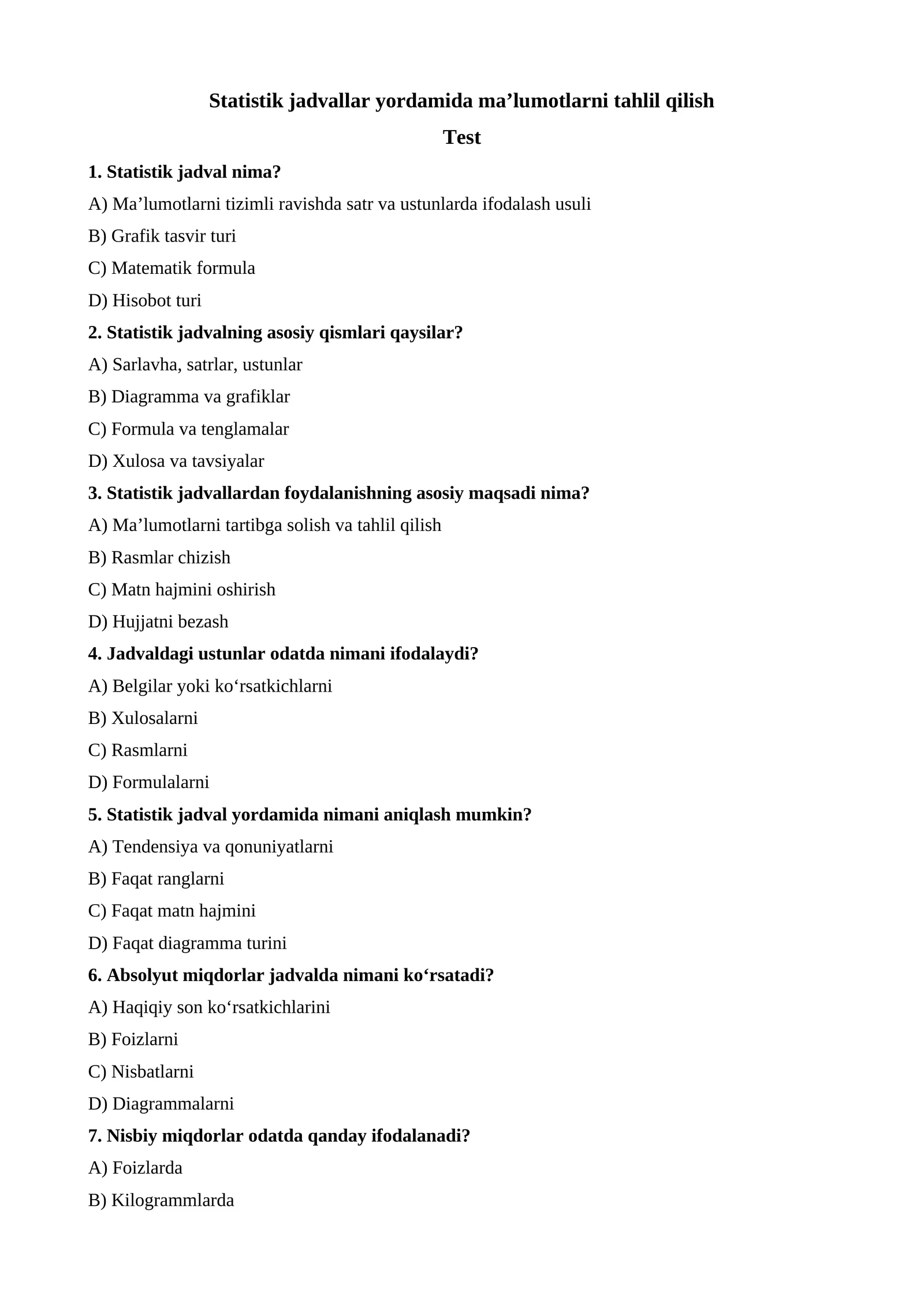 Statistik jadvallar yordamida ma’lumotlarni tahlil qilish test