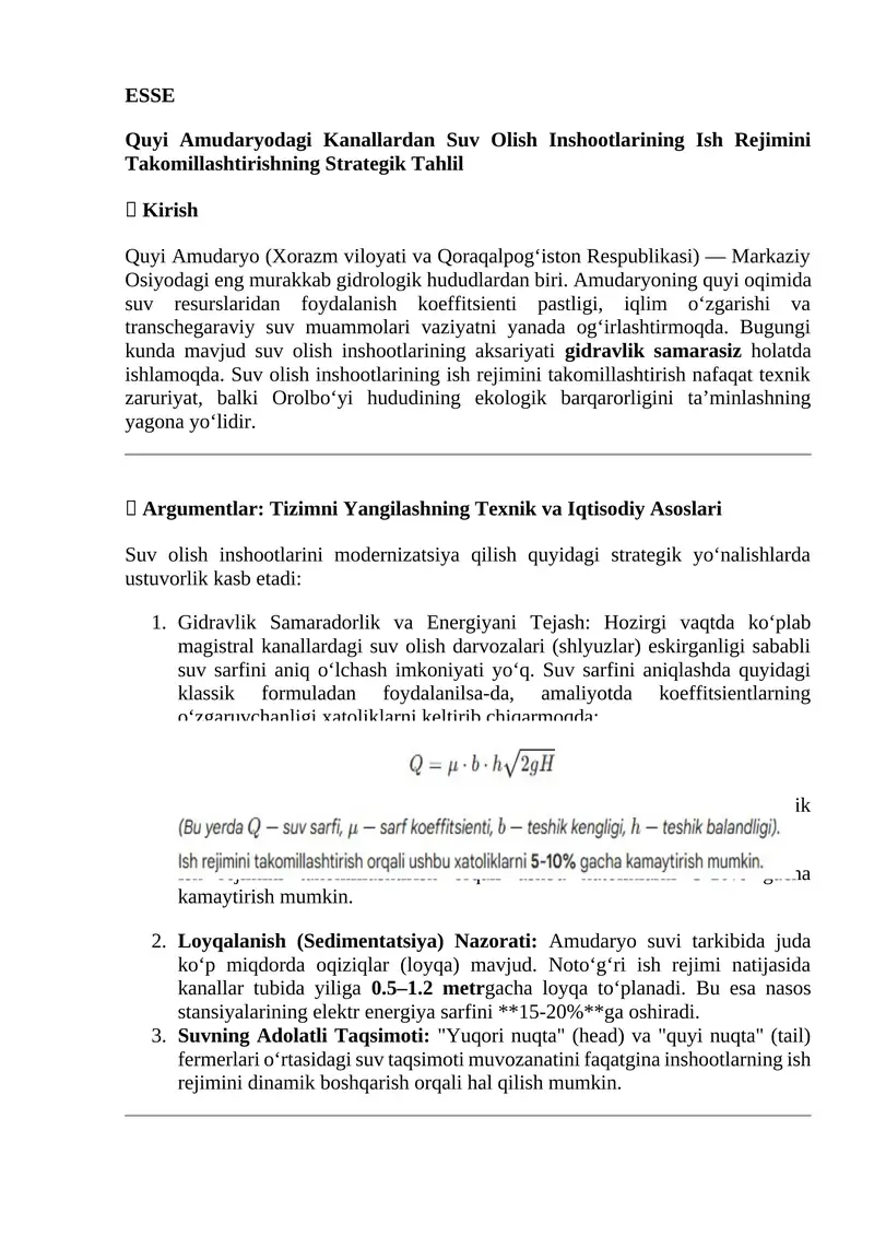 Quyi Amudaryodagi Kanallardan Suv Olish Inshootlarining Ish Rejimini Takomillashtirishning Strategik Tahlil