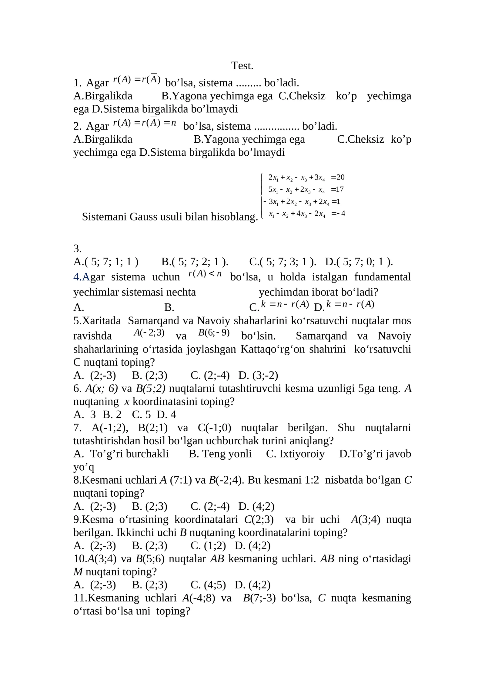 Oliy matematika fanidan test savollari javoblari bilan birga