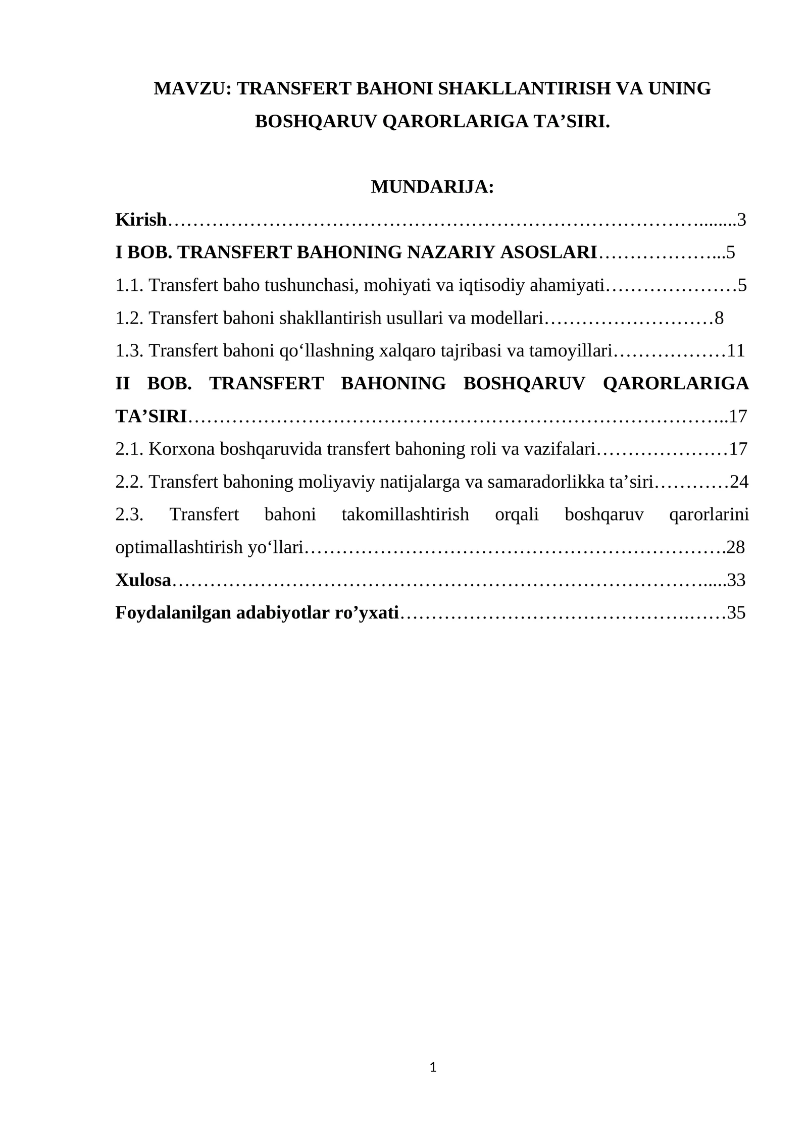 TRANSFERT BAHONI SHAKLLANTIRISH VA UNING BOSHQARUV QARORLARIGA TA’SIRI
