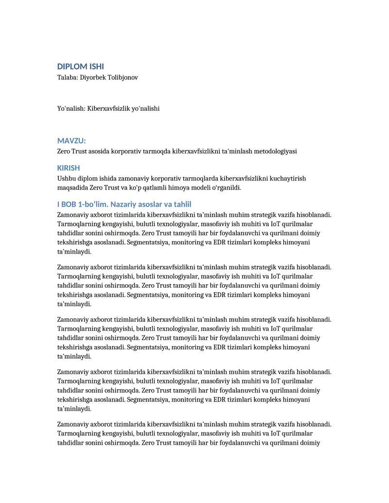 Diplom ishi – Zero Trust asosida kiberxavfsizlik