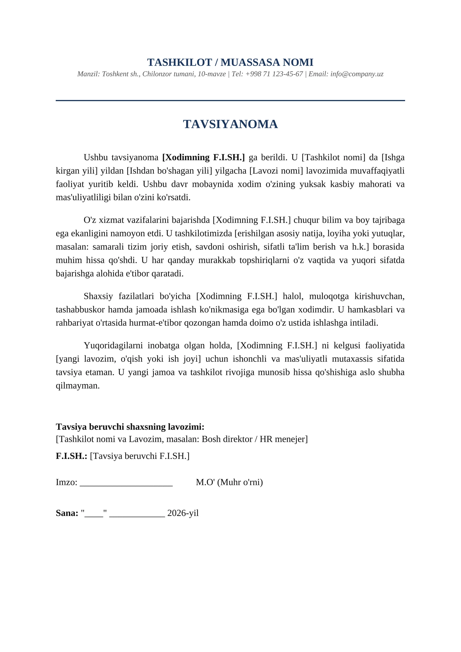 Hodim uchun tavsiyanoma shabloni