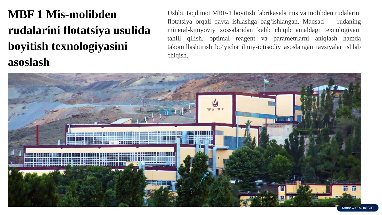 MBF 1 Mis-molibden rudalarini flotatsiya usuli dasturi