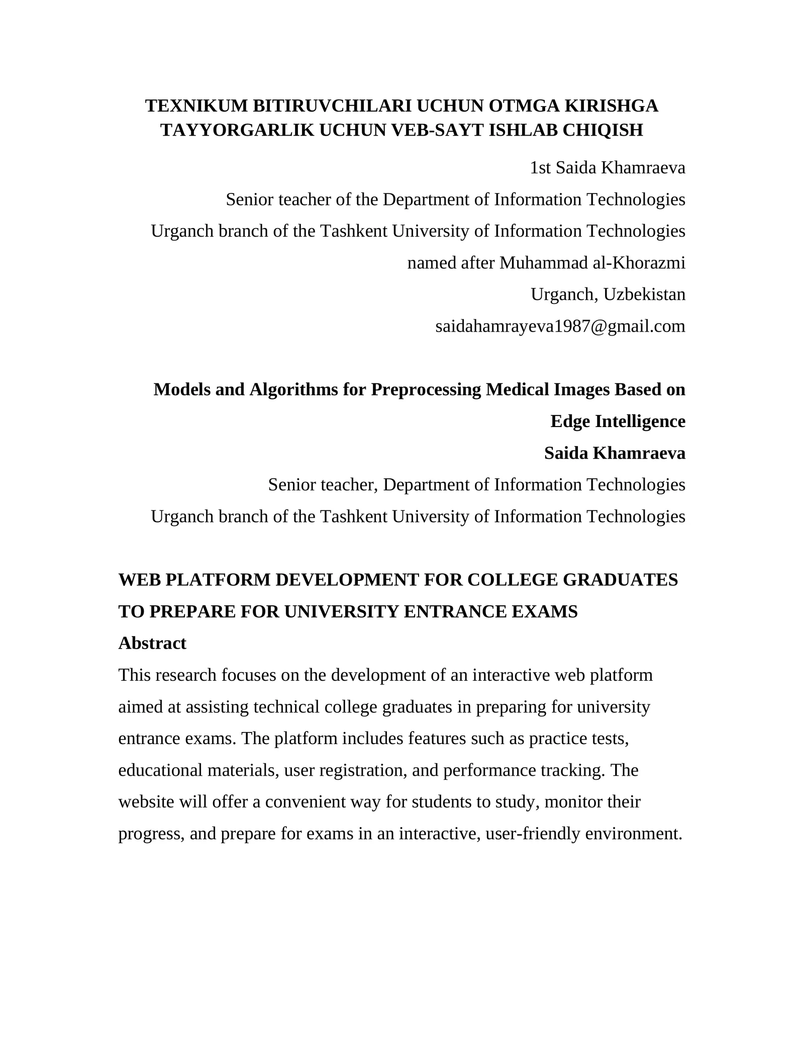 TEXNIKUM BITIRUVCHILARI UCHUN OTMGA KIRISHGA TAYYORGARLIK UCHUN VEB-SAYT ISHLAB CHIQISH