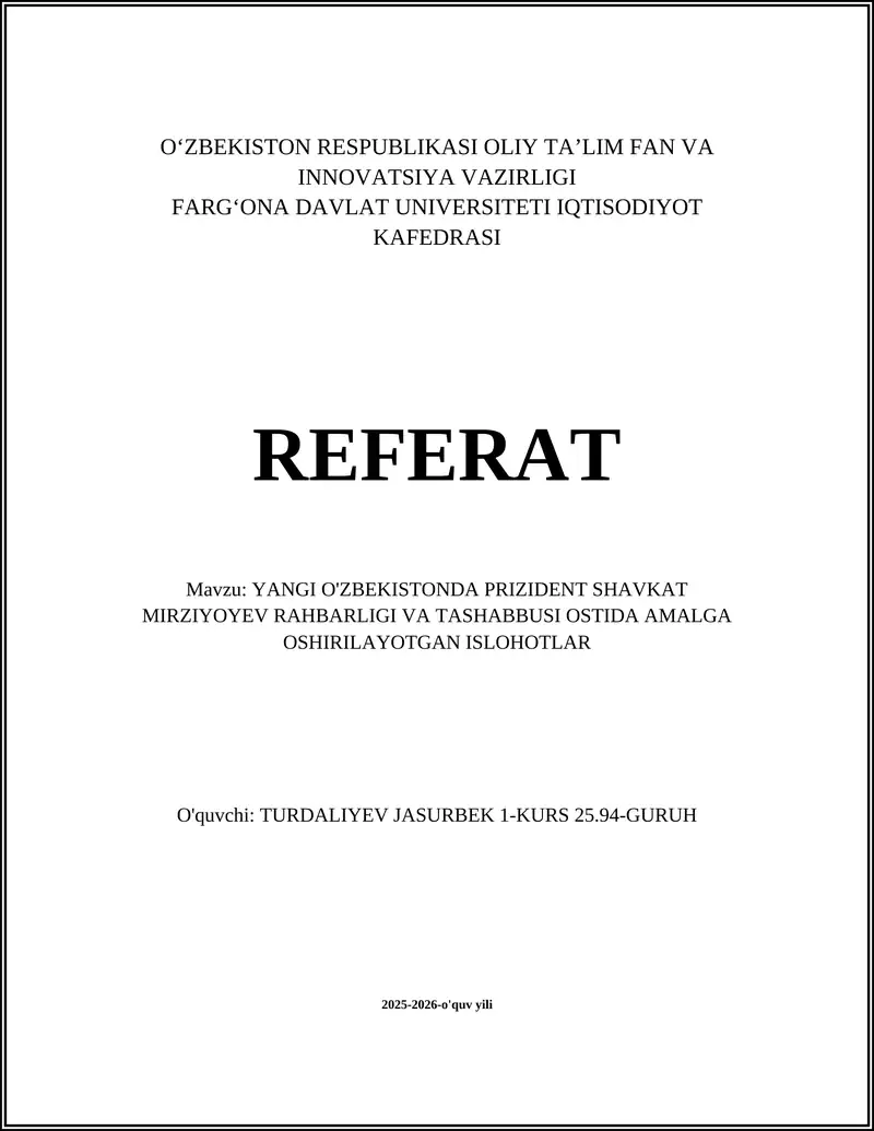 YANGI O'ZBEKISTONDA PRIZIDENT SHAVKAT MIRZIYOYEV RAHBARLIGI VA TASHABBUSI OSTIDA AMALGA OSHIRILAYOTGAN ISLOHOTLAR
