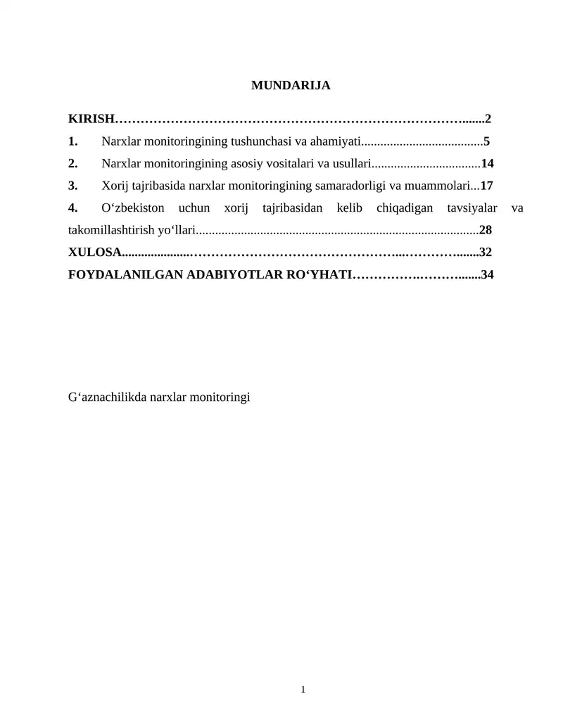 G‘aznachilikda narxlar monitoringi