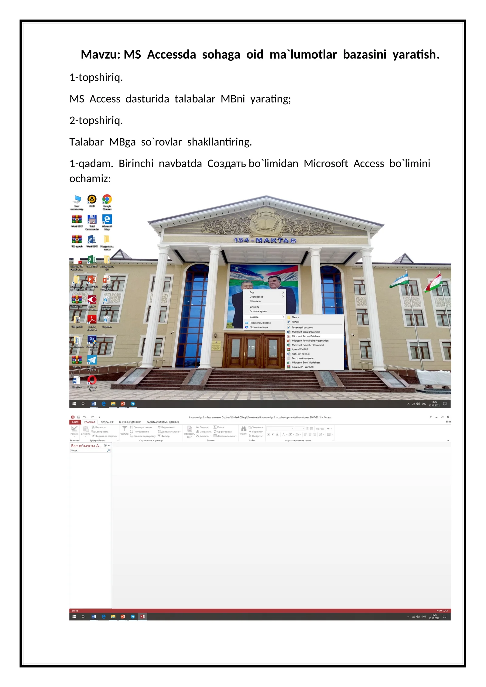 MS Accessda sohaga oid ma`lumotlar bazasini yaratish