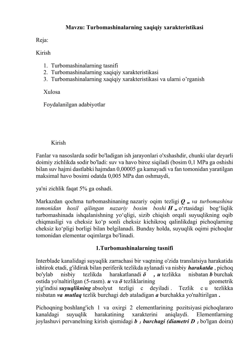 Turbomashinalarning xaqiqiy xarakteristikasi