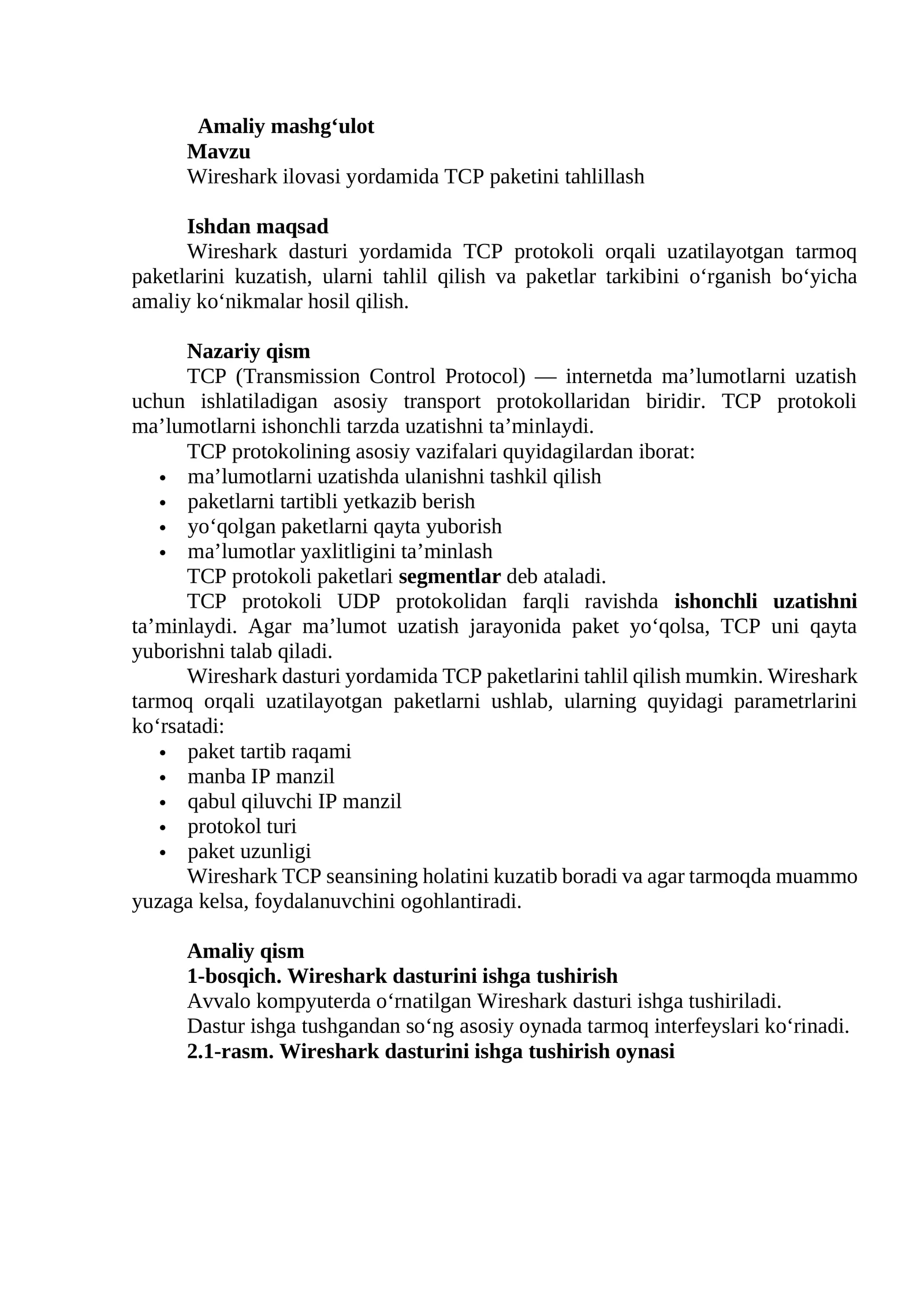 Wireshark ilovasi yordamida TCP paketini tahlillash