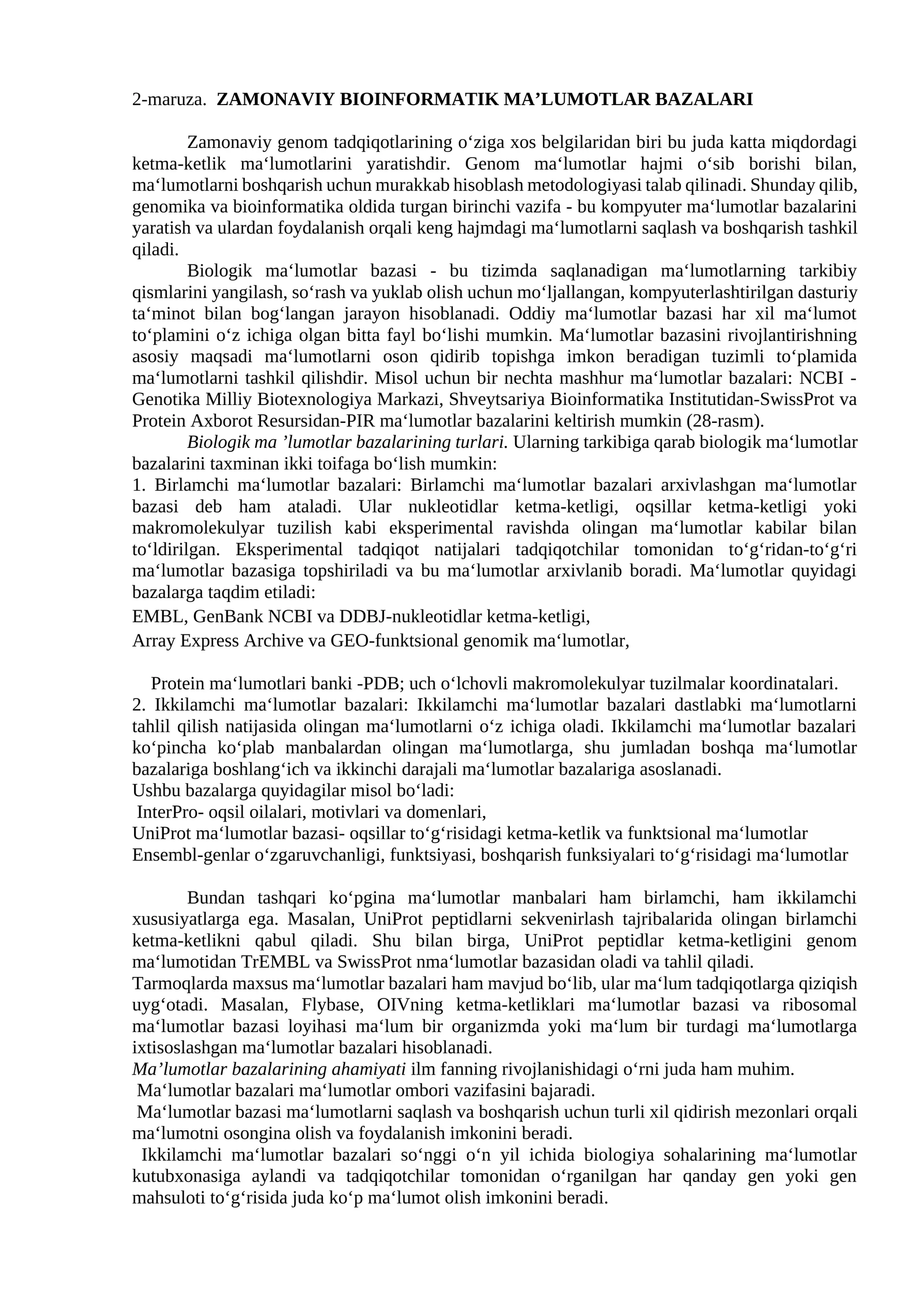 ZAMONAVIY BIOINFORMATIK MA’LUMOTLAR BAZALARI