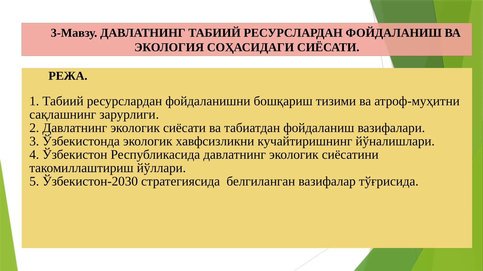 ДАВЛАТНИНГ ТАБИИЙ РЕСУРСЛАРДАН ФОЙДАЛАНИШ ВА ЭКОЛОГИЯ СОҲАСИДАГИ СИЁСАТИ