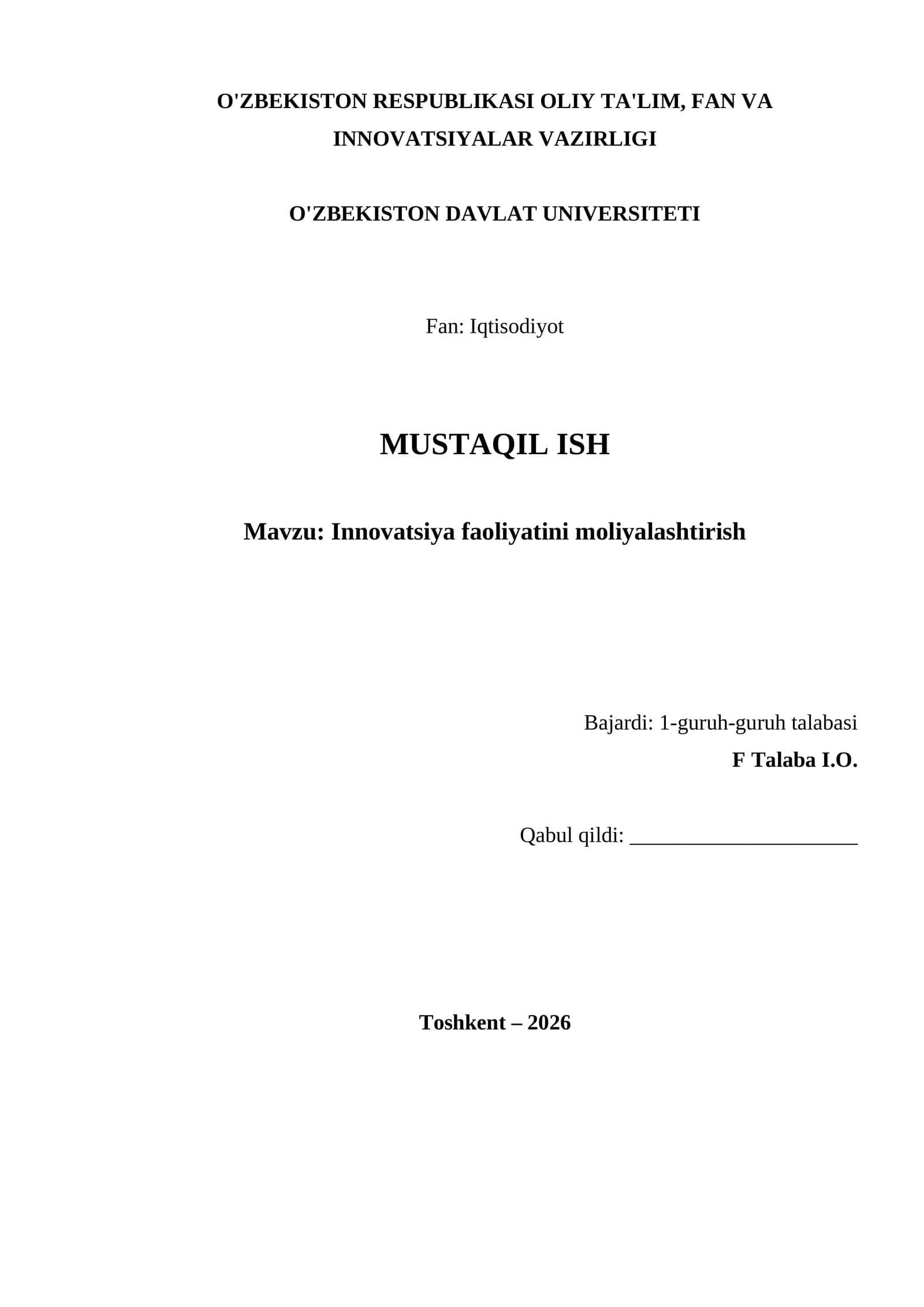 Innovatsiya faoliyatini moliyalashtirish