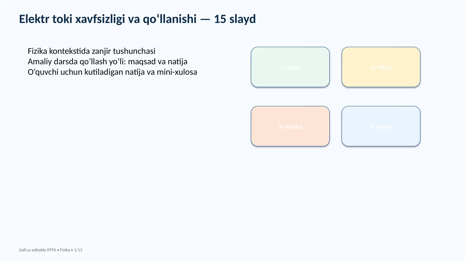 Elektr toki xavfsizligi va qo‘llanishi — 15 slayd