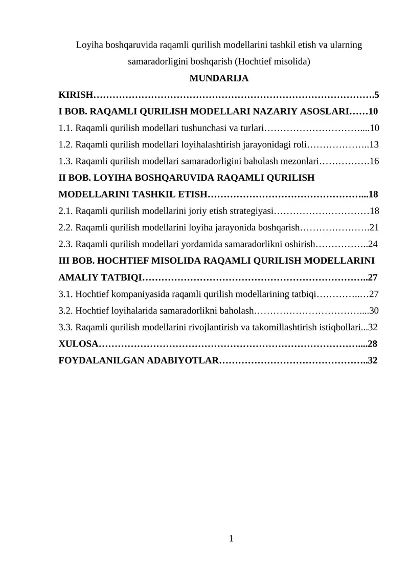 Loyiha boshqaruvida raqamli qurilish modellarini tashkil etish va ularning samaradorligini boshqarish (Hochtief misolida)