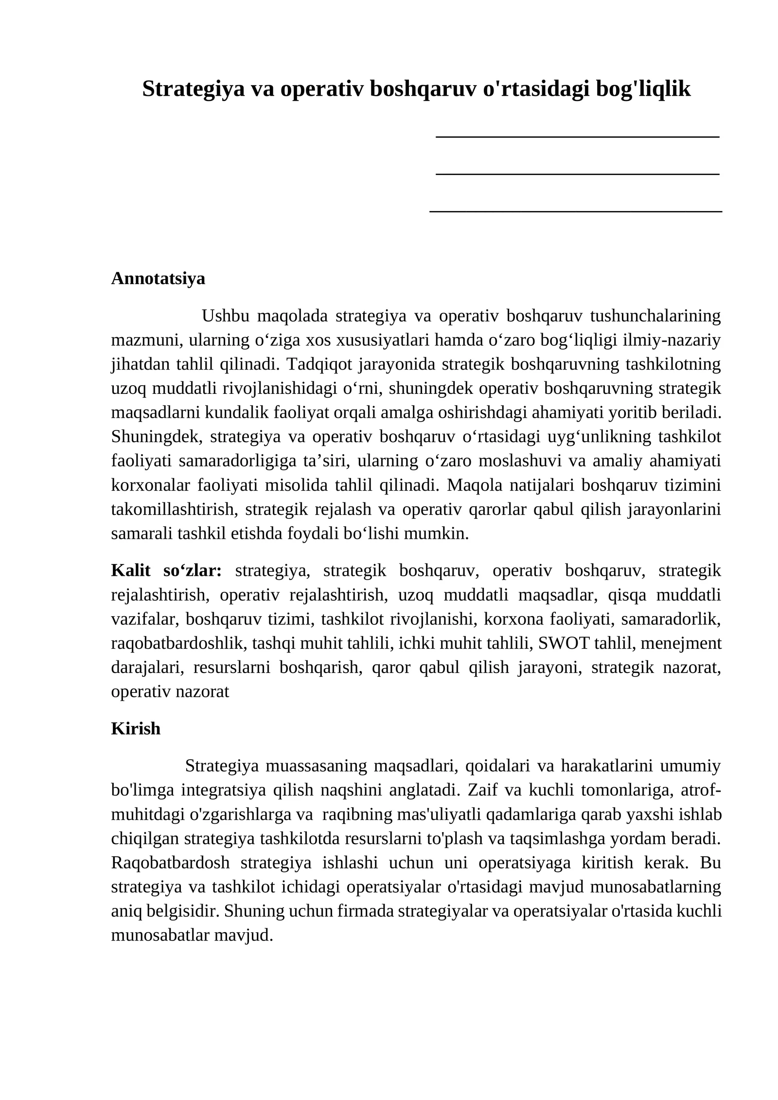 Strategiya va operativ boshqaruv o'rtasidagi bog'liqlik