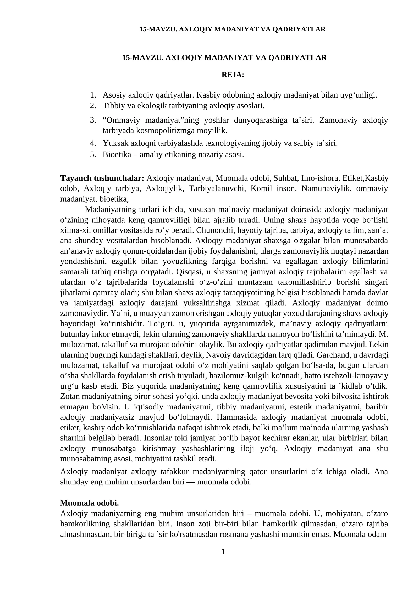 AXLOQIY MADANIYAT VA QADRIYATLAR