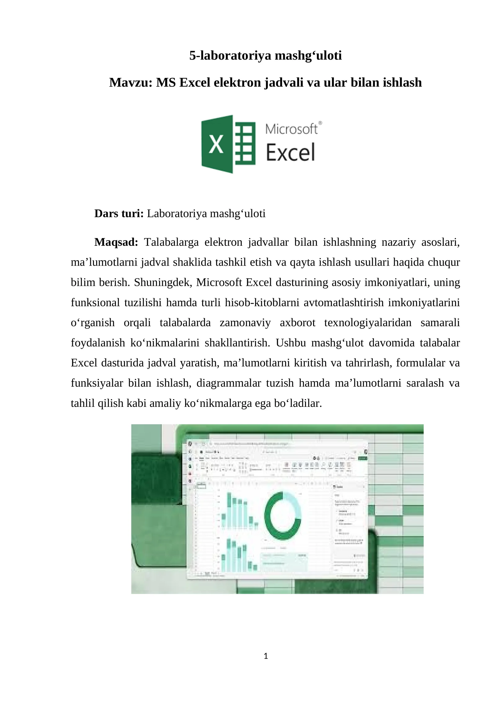 MS Excel elektron jadvali va ular bilan ishlash
