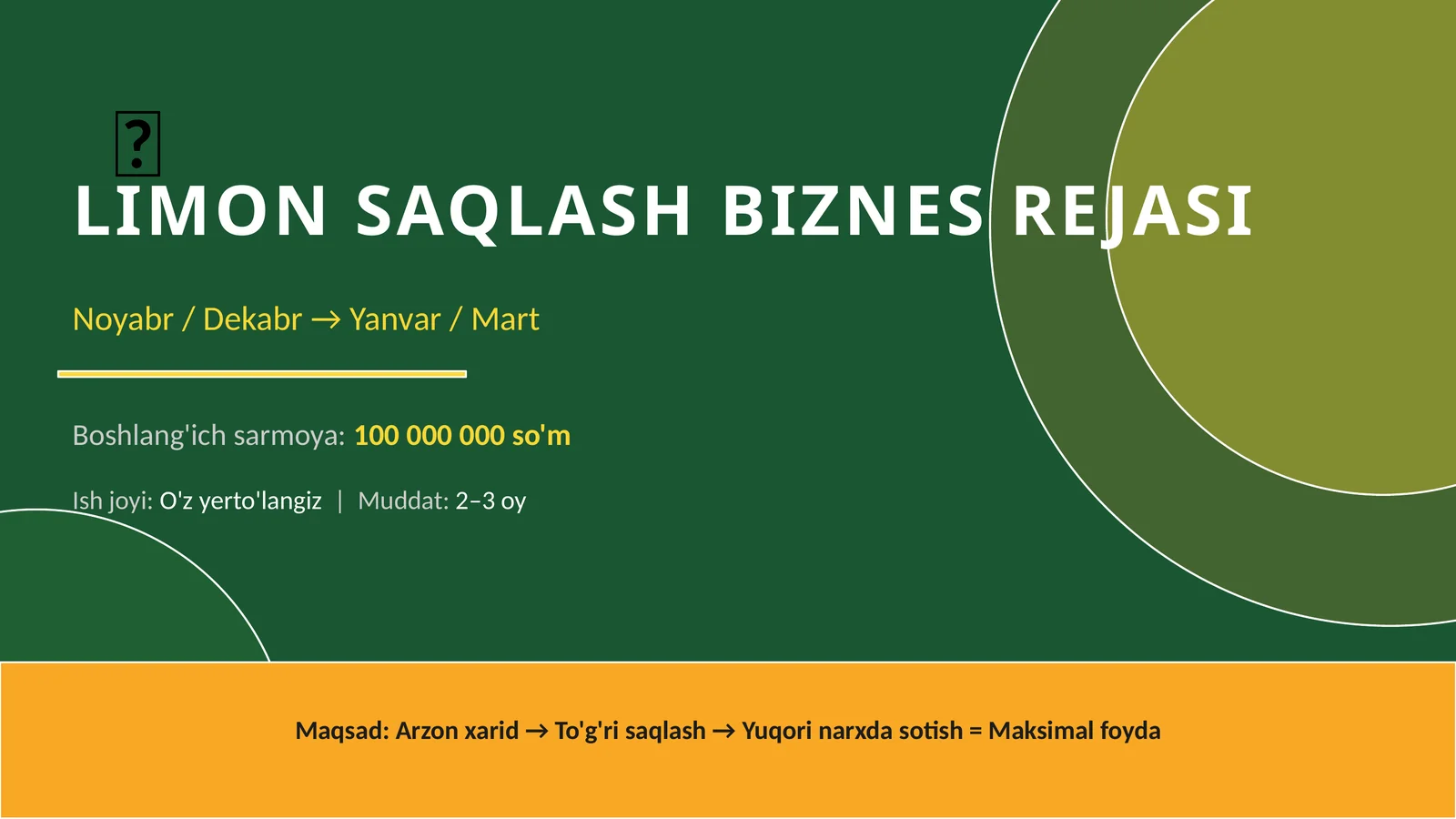 (100 millionlik loyiha ishi)  LIMON SAQLASH BIZNES REJASI