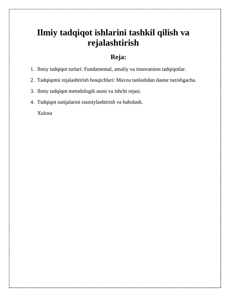 Ilmiy tadqiqot ishlarini tashkil qilish va rejalashtirish