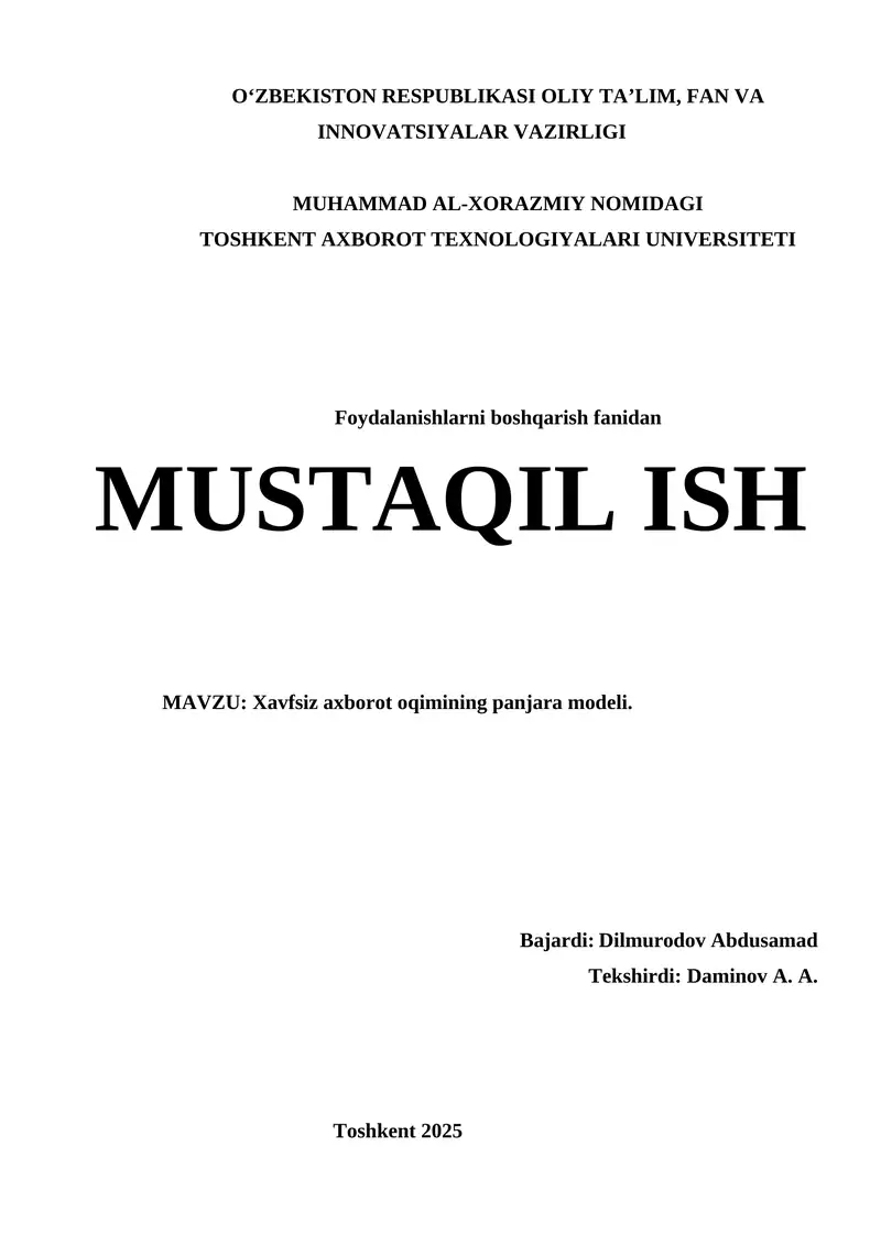 Xavfsiz axborot oqimining panjara modeli.