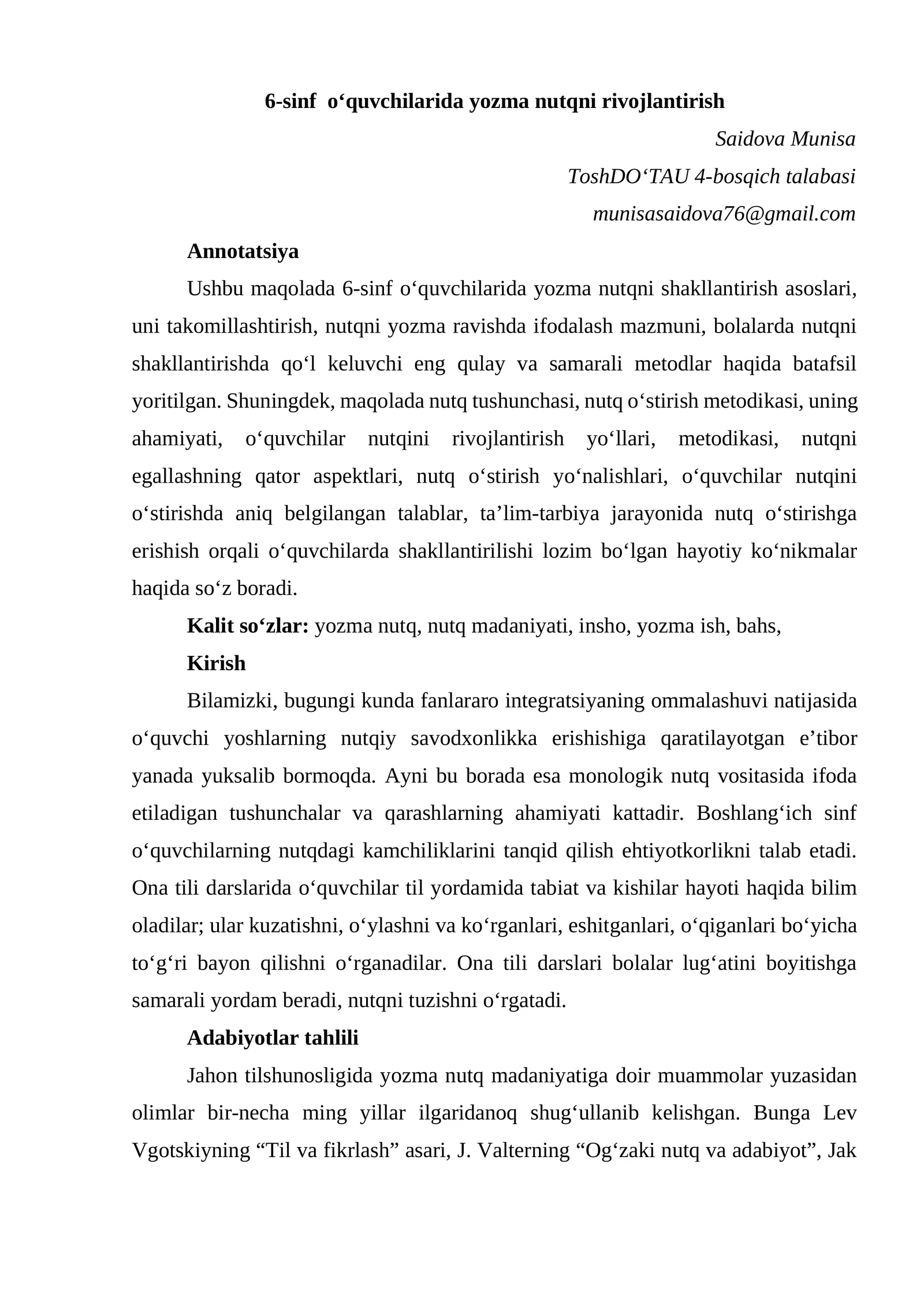 6-sinf o‘quvchilarida yozma nutqni rivojlantirish