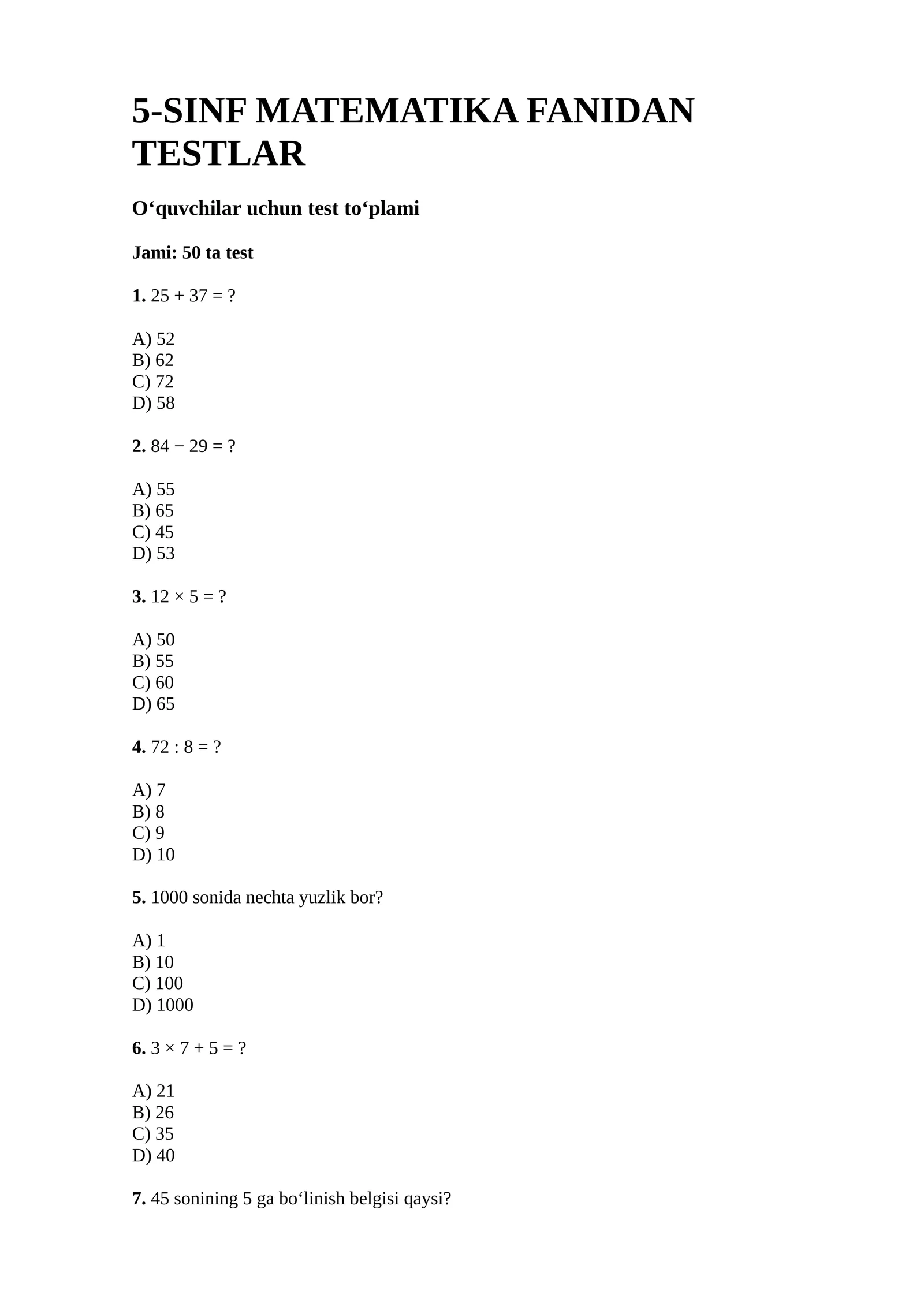 5-SINF MATEMATIKA FANIDAN TESTLAR