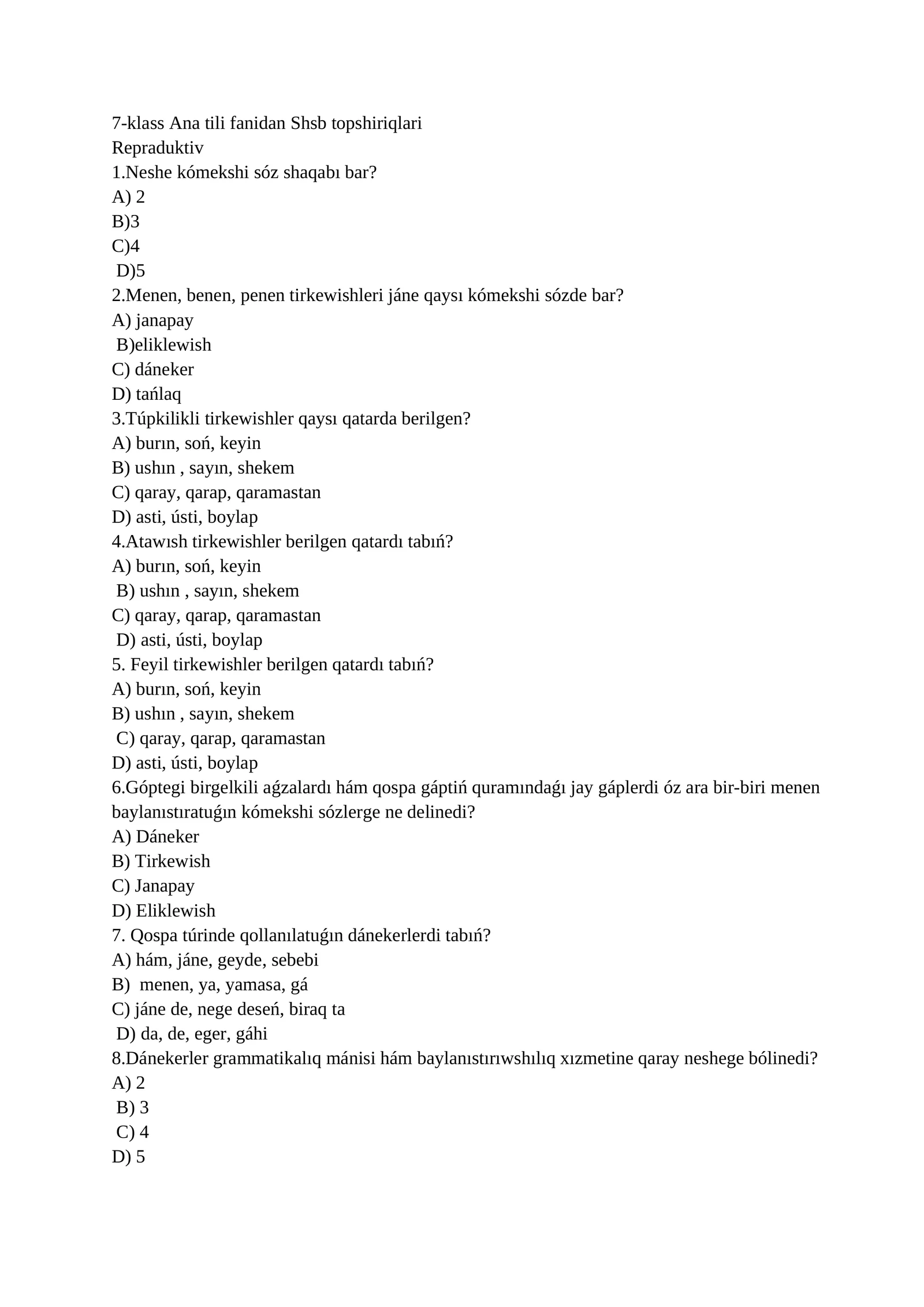 7-klass Ana tili fanidan Shsb topshiriqlari