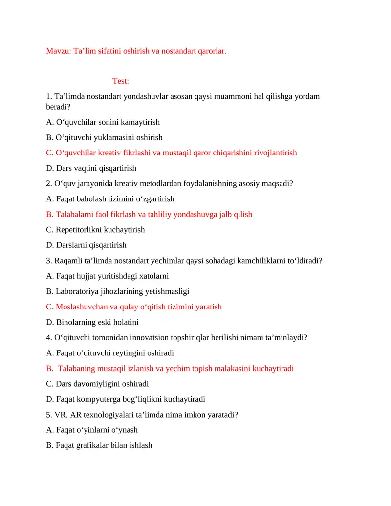 Test   Ta’lim sifatini oshirish va nostandart qarorlar