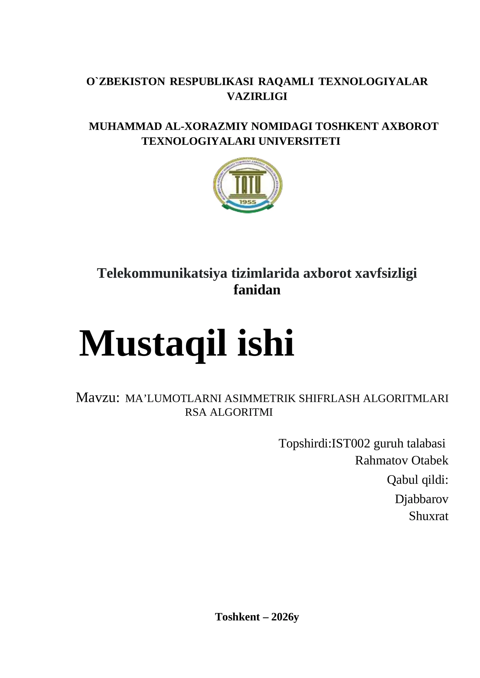 Telekommunikatsiya tizimlarida axborot xavfsizligi