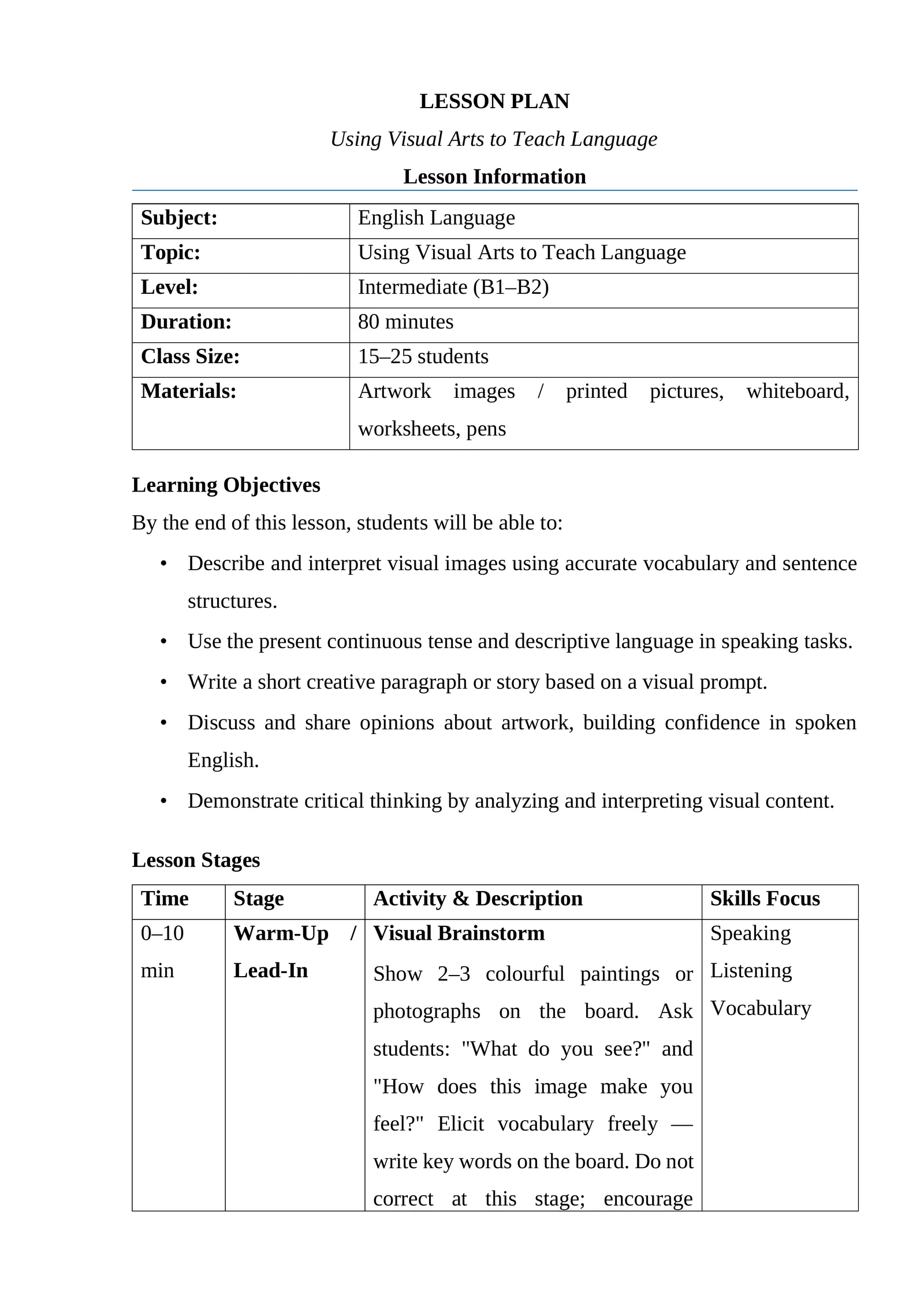 The Lesson plan: using visual arts to teach languagae